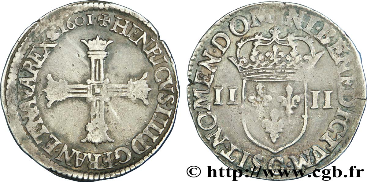 HENRI IV LE GRAND Quart d écu, croix batonnée et couronnée de face 1601 Saint-Lô TB+/TTB