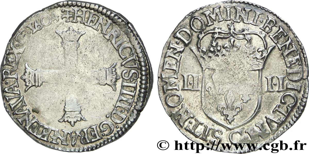 HENRI IV LE GRAND Quart d écu, croix batonnée et couronnée de face 1604 Saint-Lô TTB