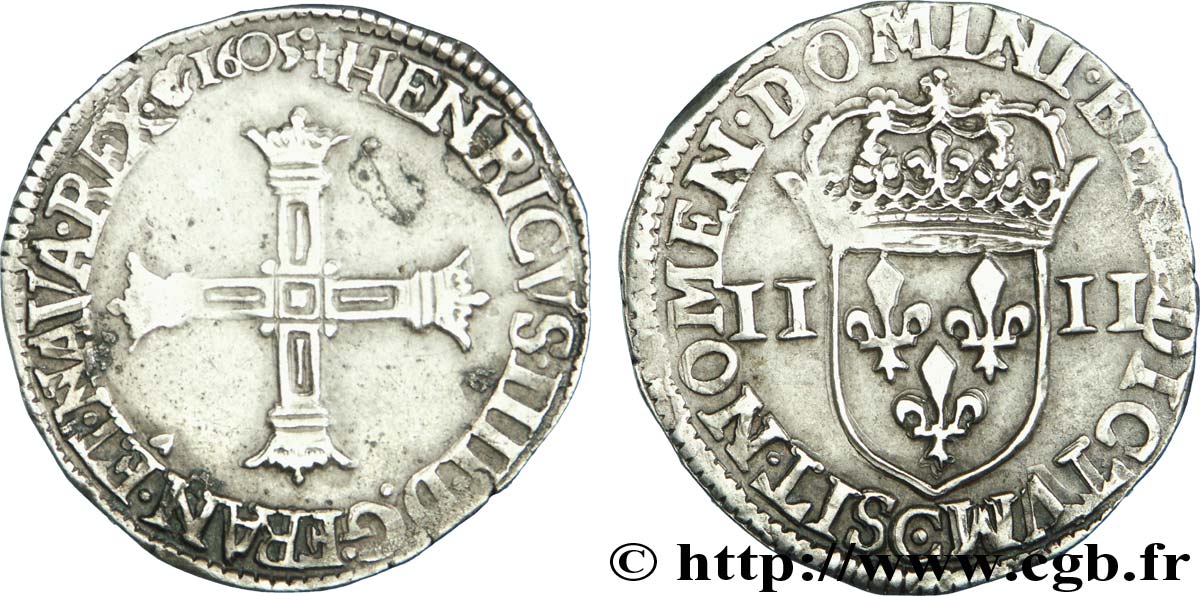 HENRY IV Quart d écu, croix bâtonnée et couronnée de face 1605 Saint-Lô MBC+/MBC