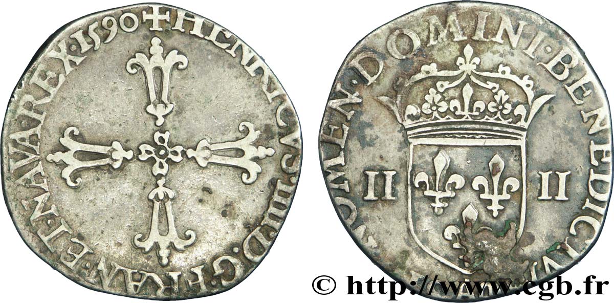HENRY IV Quart d écu, croix feuillue de face 1590 Compiègne BB