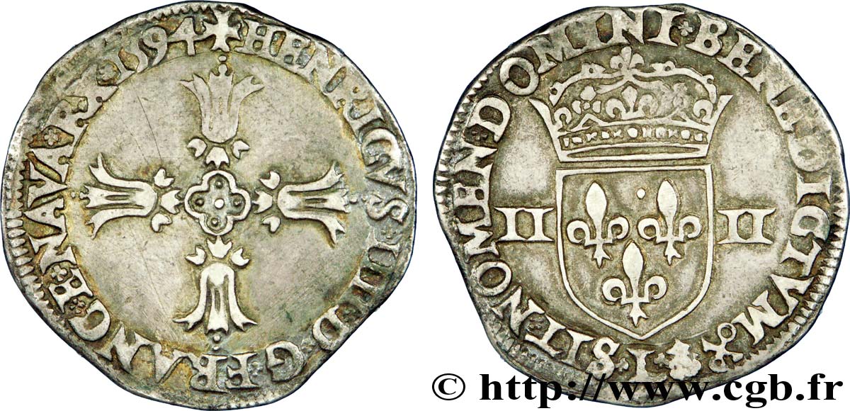 HENRY IV Quart d écu, croix feuillue de face 1594 Bayonne MBC/MBC+