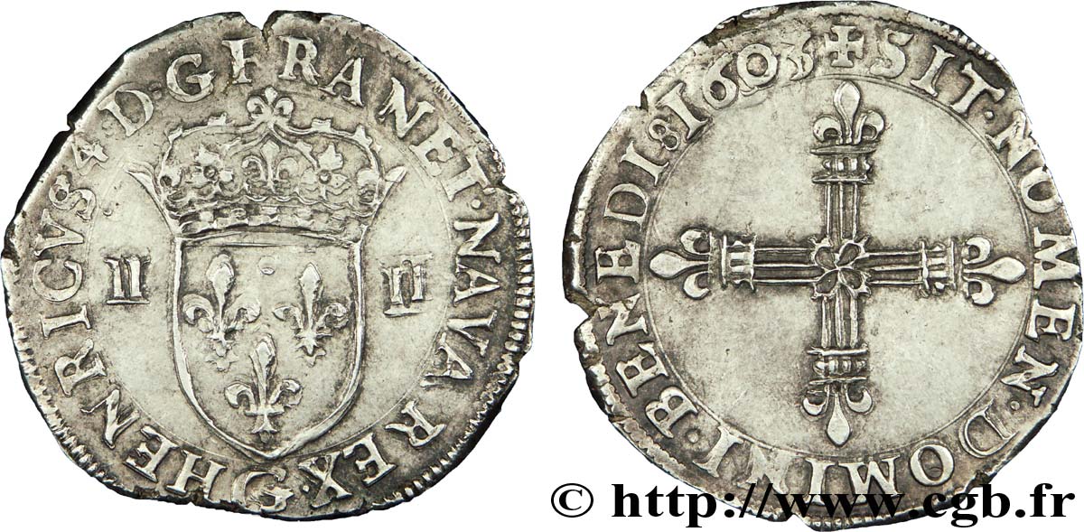 HENRY IV Quart d écu, croix bâtonnée et fleurdelisée de face 1603 Poitiers SS/fVZ