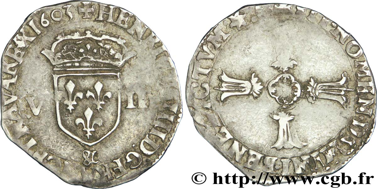 HENRY IV Huitième d écu, écu de face, 2e type 1603 Aix-en-Provence fSS/S