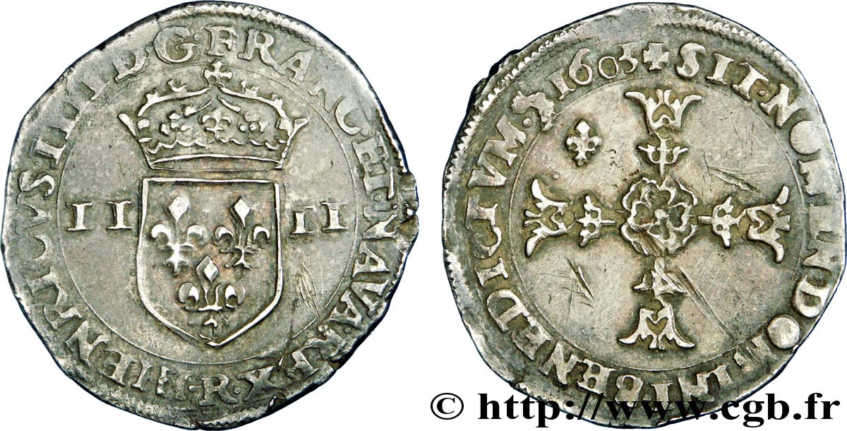 HENRI IV LE GRAND Quart d’écu, écu de face, 4e type 1603 Saint-André de Villeneuve-lès-Avignon TTB/TB+