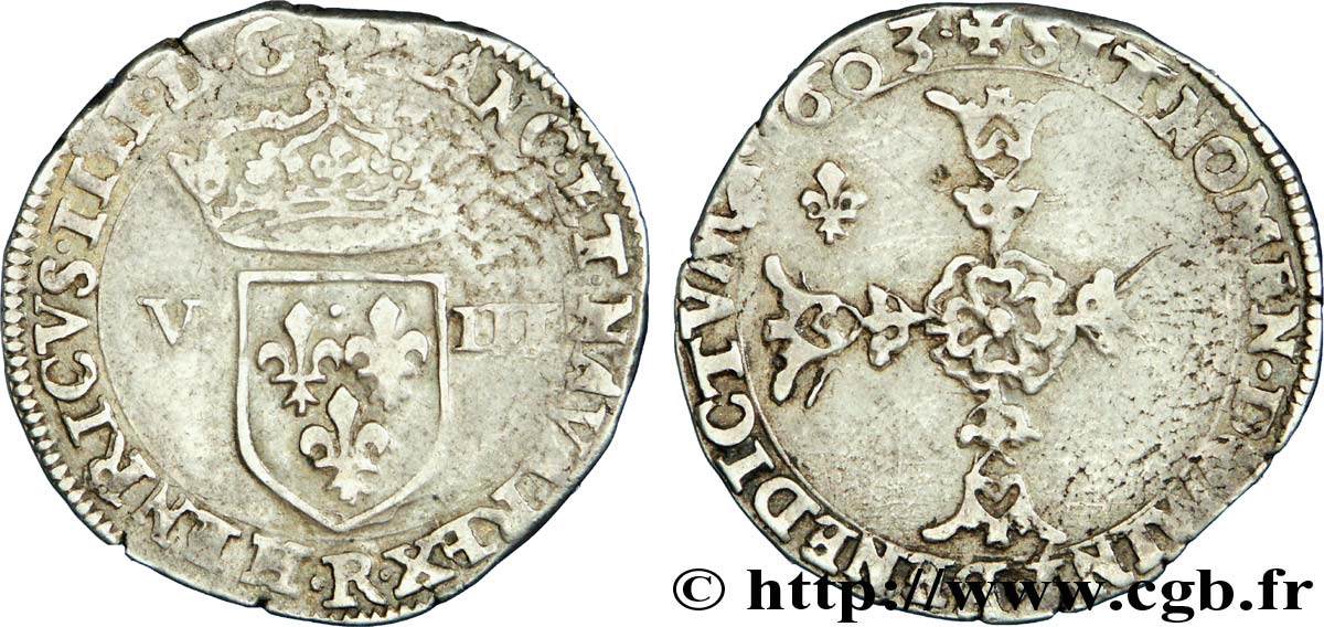 HENRI IV LE GRAND Huitième d’écu, écu de face, 4e type 1603 Saint-André de Villeneuve-lès-Avignon TTB/TB+
