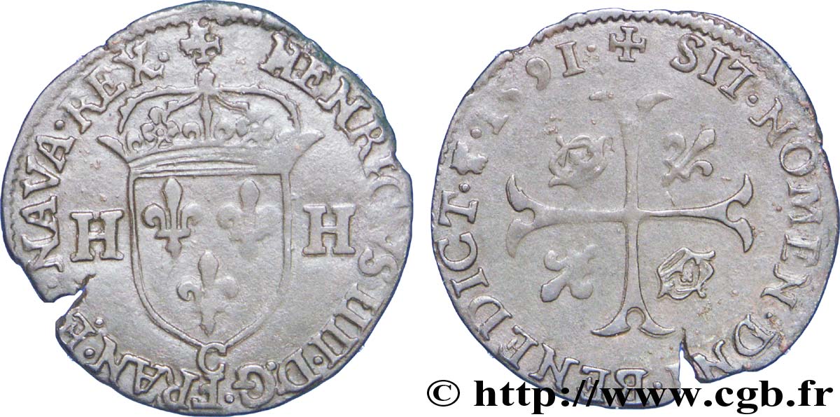 HENRI IV LE GRAND Douzain aux deux H, 2e type 1591 Saint-Lô TTB+