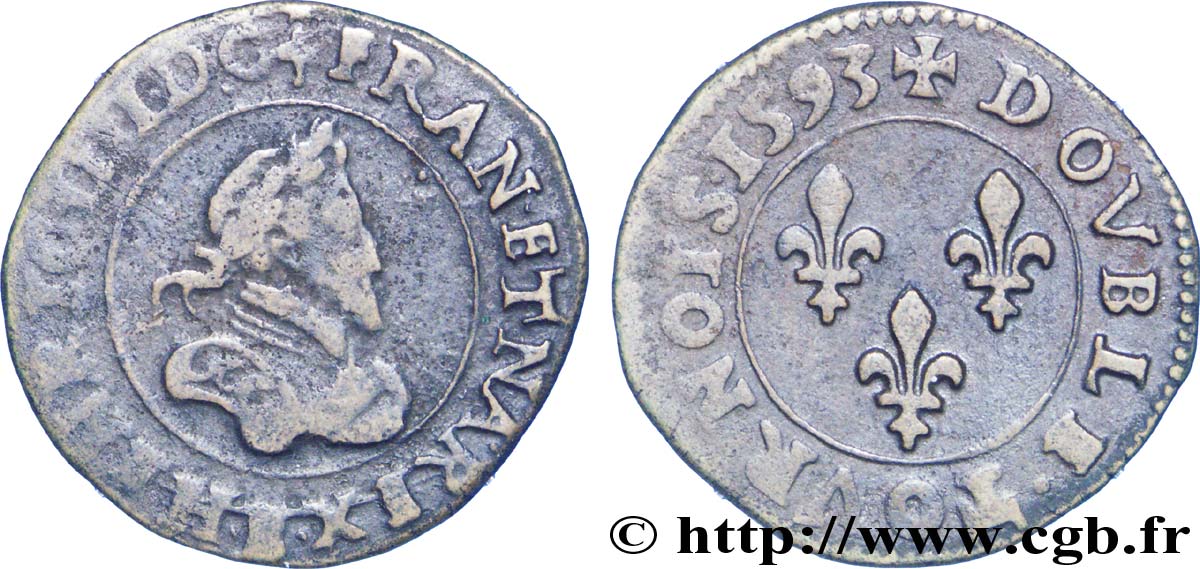 HENRI IV LE GRAND Double tournois, 2e type de Dieppe (légende latine) 1593 Dieppe TTB