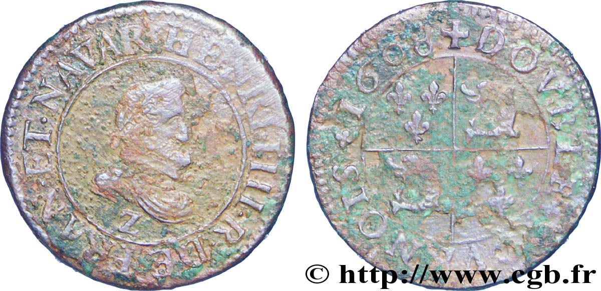 HENRY IV Double tournois au type du Dauphiné, frappé à Lyon au différent de Grenoble 1608 Lyon au différent de Grenoble BC/BC+