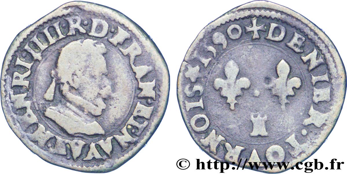 HENRI IV LE GRAND Denier tournois, type de Tours 1590 Tours TB+