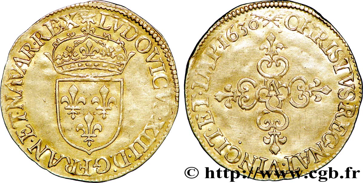LOUIS XIII LE JUSTE Écu d or au soleil, à la croix anillée fleurdelisée 1630 Paris TTB+/TTB