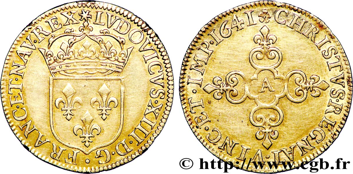 LOUIS XIII  Écu d or au soleil, à la croix anillée fleurdelisée 1641 Paris, Monnaie du Louvre SPL