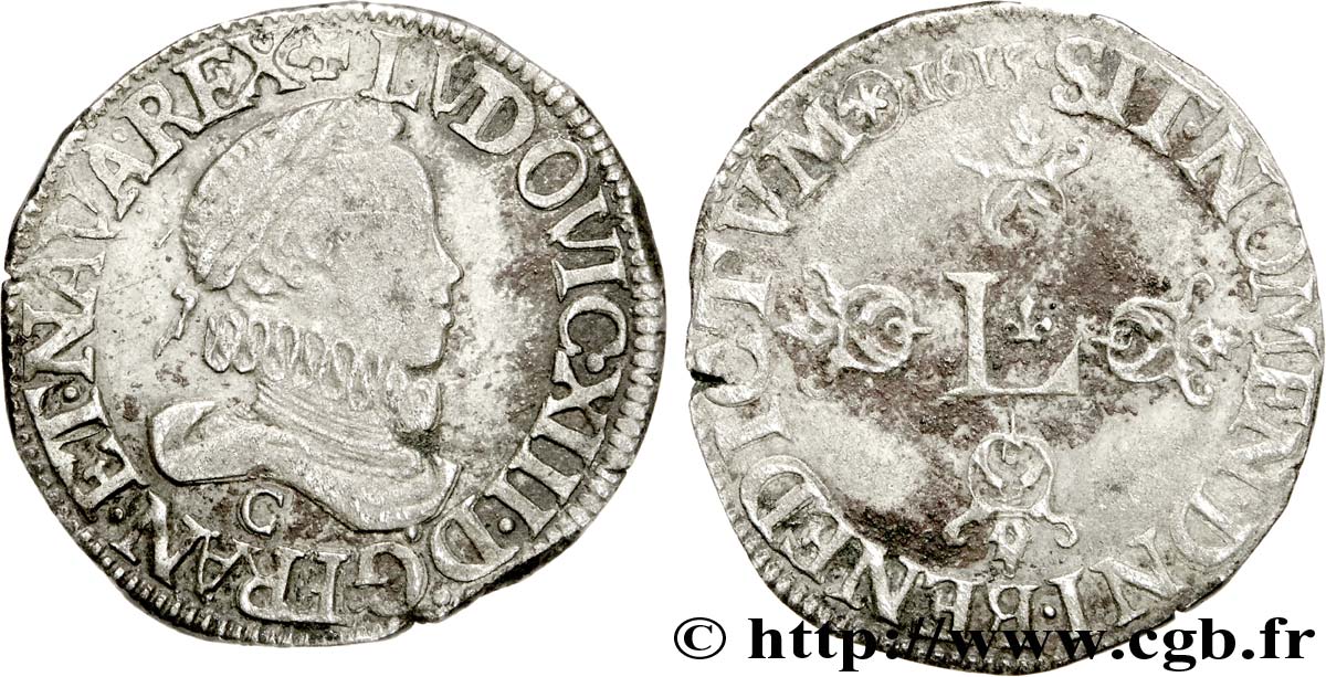 LOUIS XIII  Demi-franc au grand buste lauré et au col fraisé 1615 Saint-Lô SS
