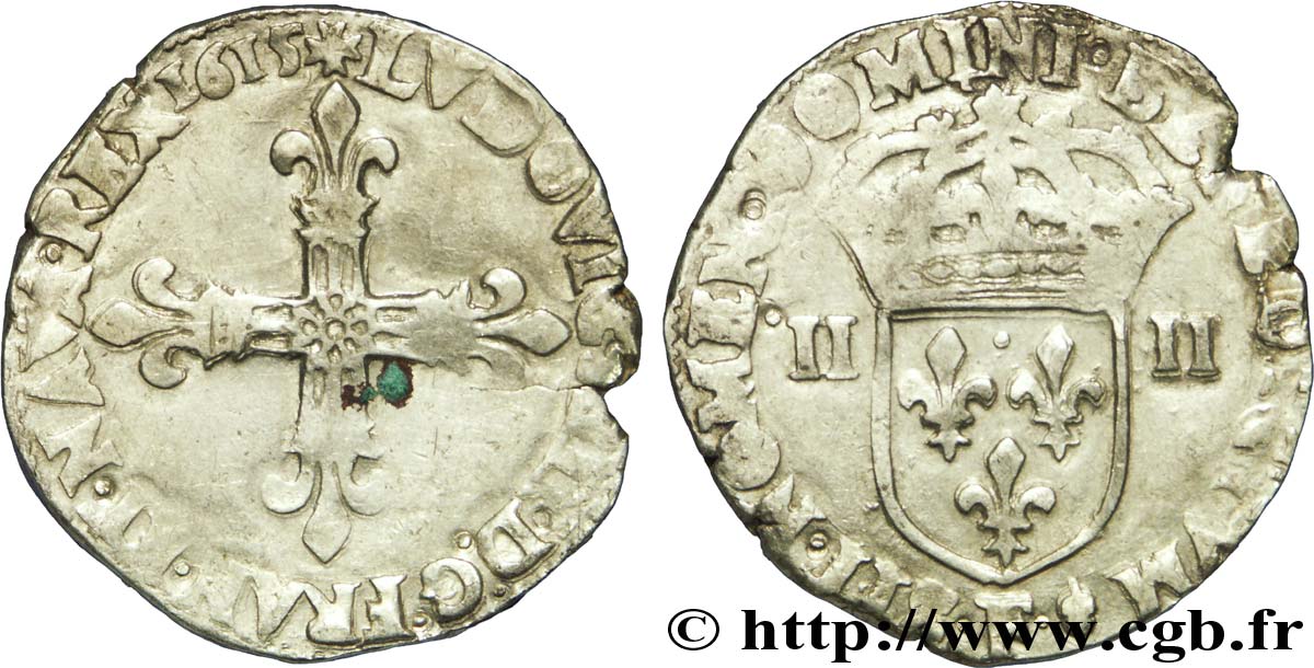 LOUIS XIII LE JUSTE Quart d écu, à la croix fleurdelisée, titulature côté croix 1615 Angers TB+