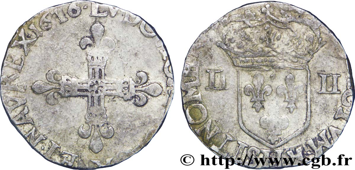 LOUIS XIII  Quart d écu, à la croix fleurdelisée, titulature côté croix 1616 La Rochelle BC/BC+