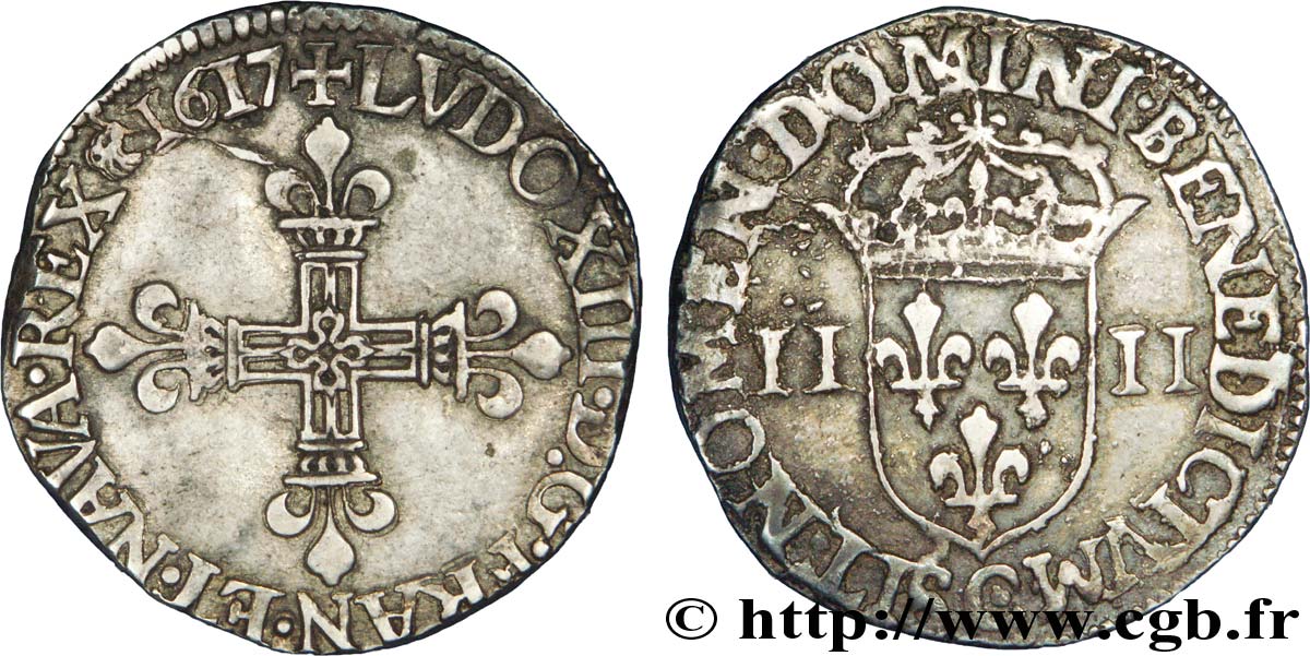 LOUIS XIII LE JUSTE Quart d écu, à la croix fleurdelisée, titulature côté croix 1617 Saint-Lô TTB