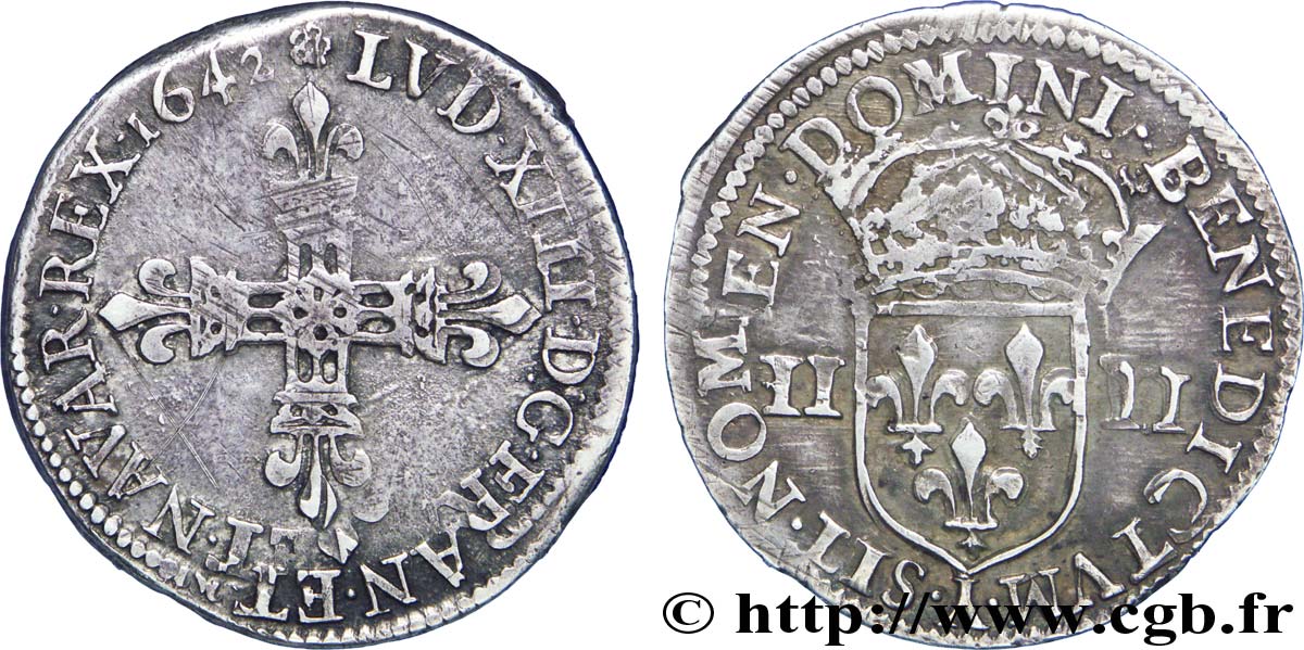 LOUIS XIII Quart d écu, à la croix fleurdelisée, titulature côté croix 1642 Bourges XF/AU
