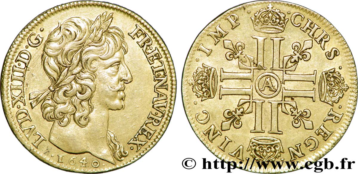 LOUIS XIII LE JUSTE Double louis d or à la mèche longue, à deux rubans 1640 Paris, Monnaie du Louvre SUP/TTB+