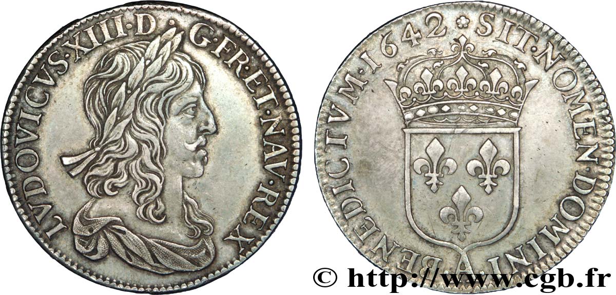 LOUIS XIII  Demi-écu, buste drapé (1er buste de Jean Warin) 1642 Paris, Monnaie de Matignon MBC+/EBC