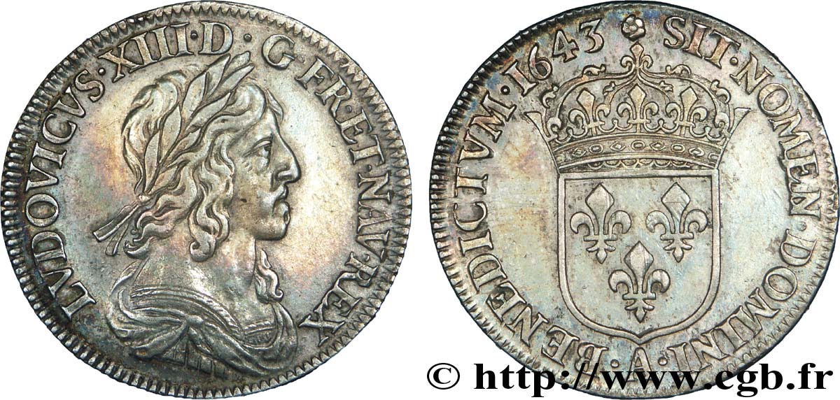 LOUIS XIII  Quart d écu, buste drapé et cuirassé (2e buste de Jean Warin) 1643 Paris, Monnaie de Matignon MBC+/EBC