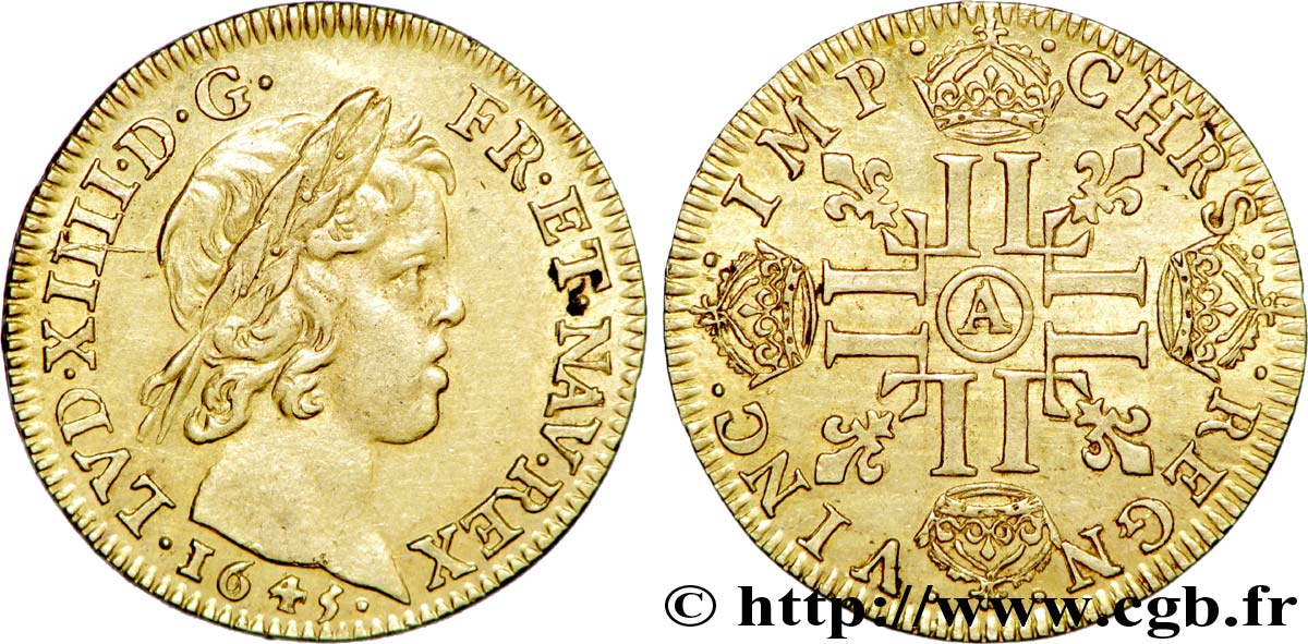 LOUIS XIV  THE SUN KING  Louis d or aux huit L, portrait à la mèche courte 1645 Paris, Monnaie du Louvre AU
