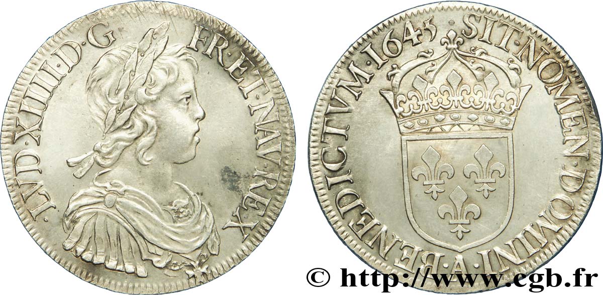 LOUIS XIV  THE SUN KING  Écu à la mèche courte 1645 Paris, Monnaie du Louvre EBC/SC