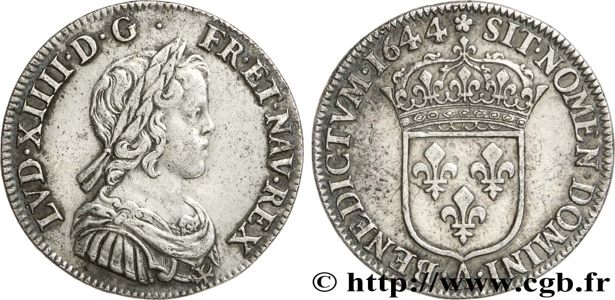 LOUIS XIV  THE SUN KING  Quart d écu à la mèche courte 1644 Paris, Monnaie de Matignon AU