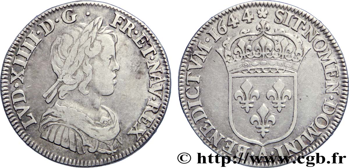 LOUIS XIV  THE SUN KING  Quart d écu à la mèche courte 1644 Paris, Monnaie de Matignon XF/AU