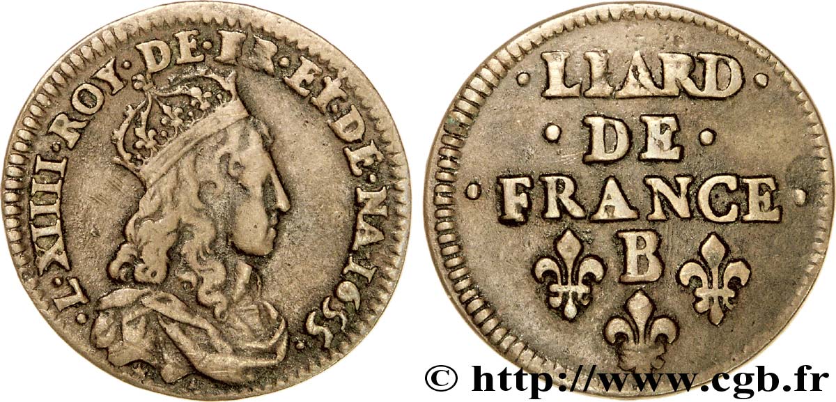 LOUIS XIV  THE SUN KING  Liard de cuivre, 2e type 1655 Pont-de-l’Arche MBC+/MBC