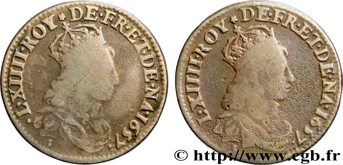 LOUIS XIV &nbsp;THE SUN KING&nbsp; Double avers du liard de cuivre, 2e type 1657  F