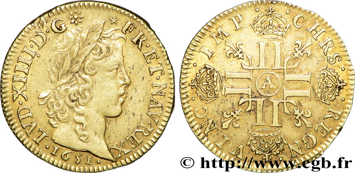 LOUIS XIV  THE SUN KING  Louis d’or aux huit L, portrait à la mèche longue 1651 Paris MBC+