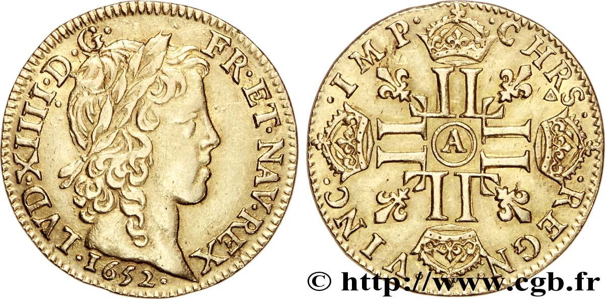 LOUIS XIV LE GRAND OU LE ROI SOLEIL Louis d’or aux huit L, portrait à la mèche longue 1652 Paris TTB+/SUP