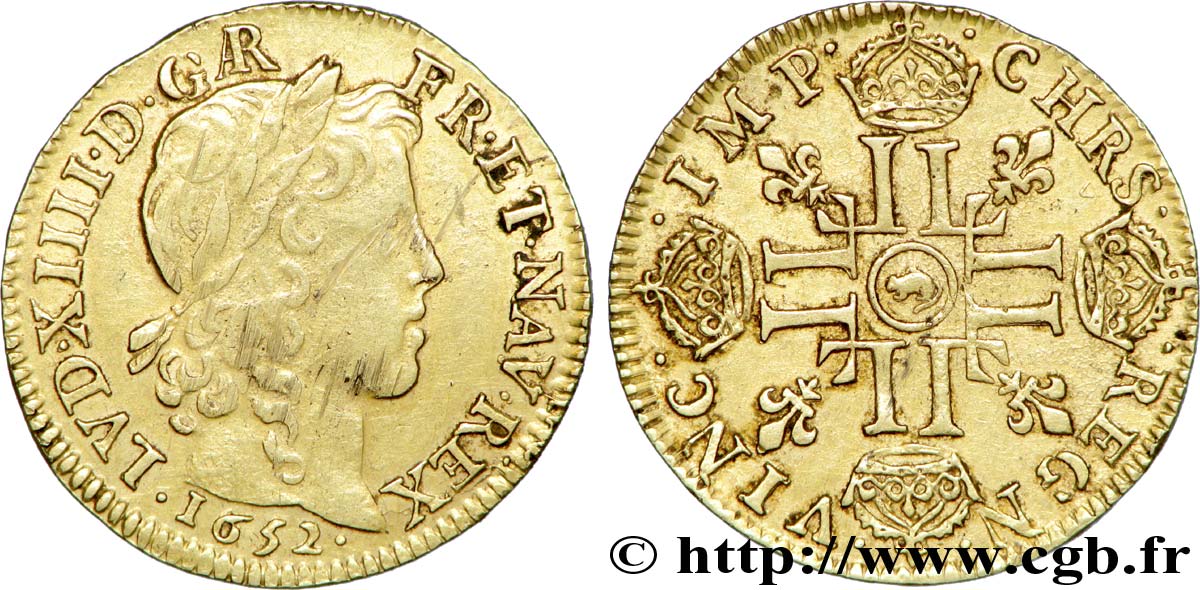 LOUIS XIV  THE SUN KING  Louis d’or aux huit L, portrait à la mèche longue 1652 Arras XF/AU