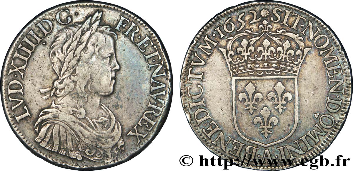 LOUIS XIV LE GRAND OU LE ROI SOLEIL Écu à la mèche longue 1652 Paris TB+/TTB