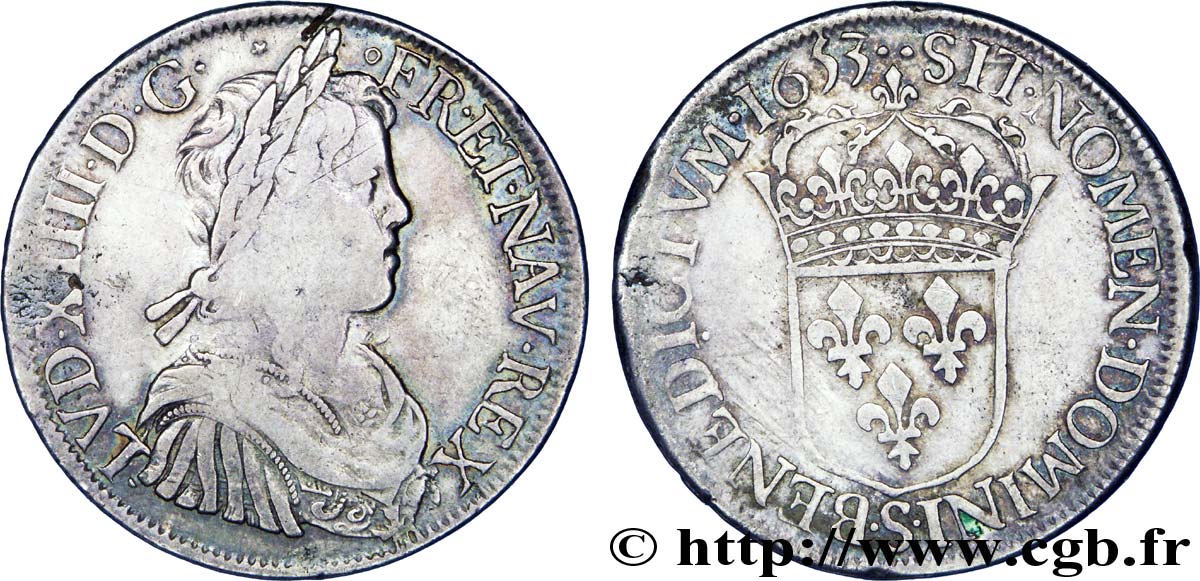 LOUIS XIV &nbsp;THE SUN KING&nbsp; Écu à la mèche longue 1653 Troyes VF