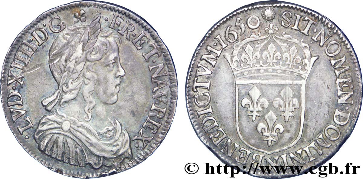 LOUIS XIV &nbsp;THE SUN KING&nbsp; Demi-écu à la mèche longue 1650 Montpellier XF