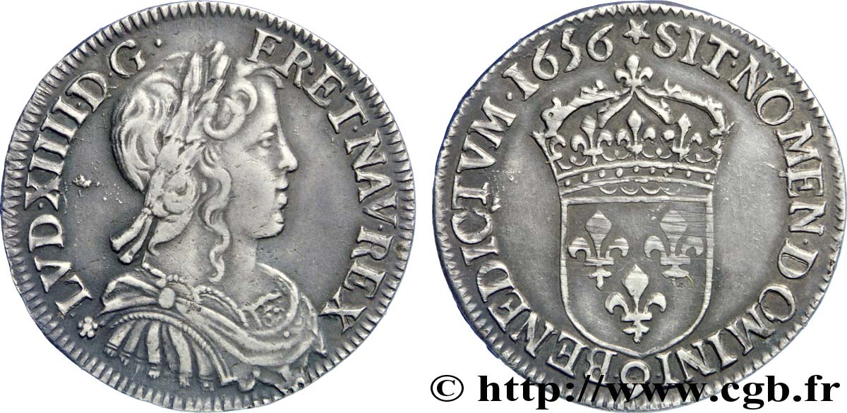 LOUIS XIV &nbsp;THE SUN KING&nbsp; Demi-écu à la mèche longue 1656 Rennes AU