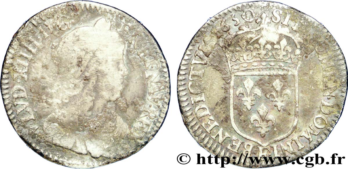 LOUIS XIV LE GRAND OU LE ROI SOLEIL Douzième d&nbsp;écu à la mèche longue 1650 Angers B+/TB