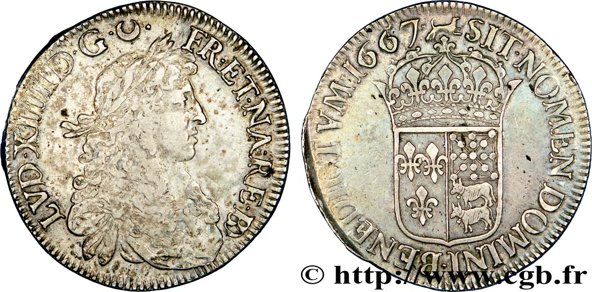 LOUIS XIV  THE SUN KING  Écu au buste juvénile du Béarn, 2e type 1667 Pau SS/fVZ