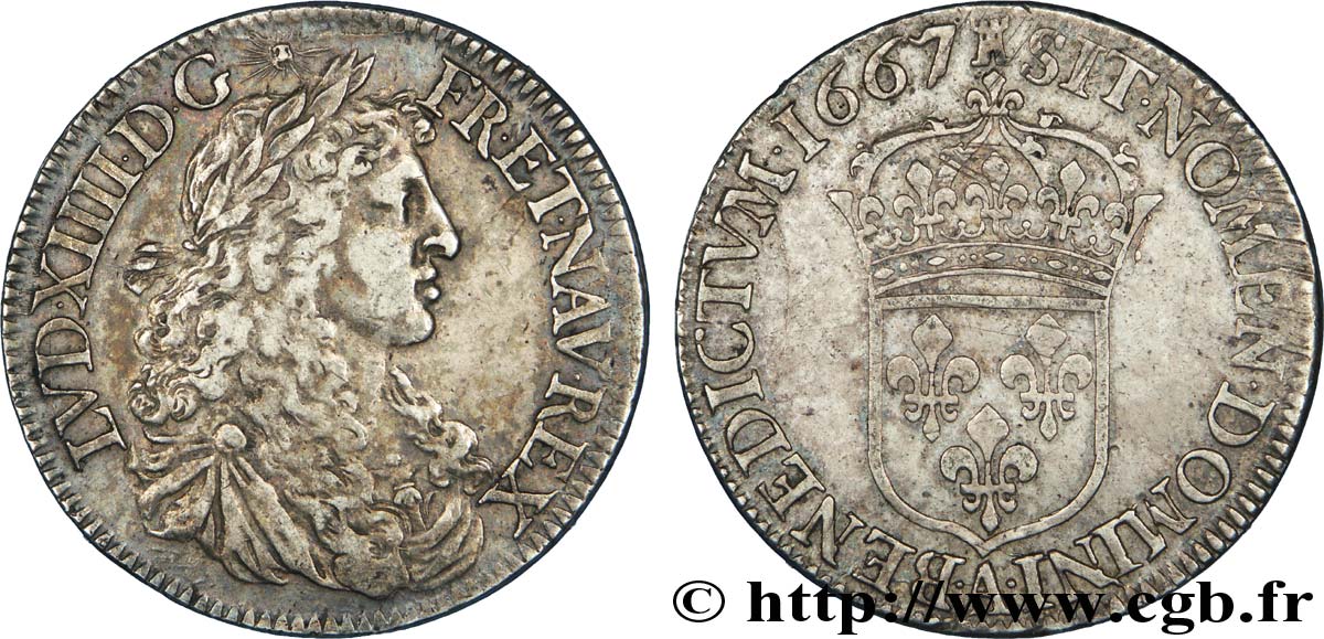 LOUIS XIV LE GRAND OU LE ROI SOLEIL Demi-écu au buste juvénile, 3e type 1667 Paris TTB