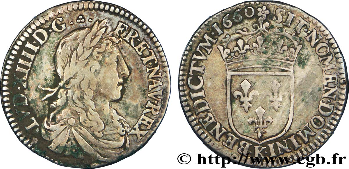 LOUIS XIV LE GRAND OU LE ROI SOLEIL Douzième d&nbsp;écu au buste juvénile, 1er type 1660 Bordeaux TB