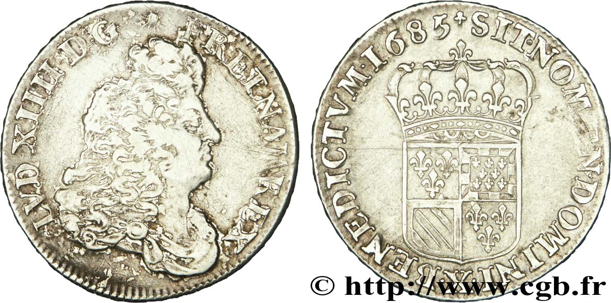 LOUIS XIV  THE SUN KING  Demi-écu de Flandre 1685 Amiens VF/AU