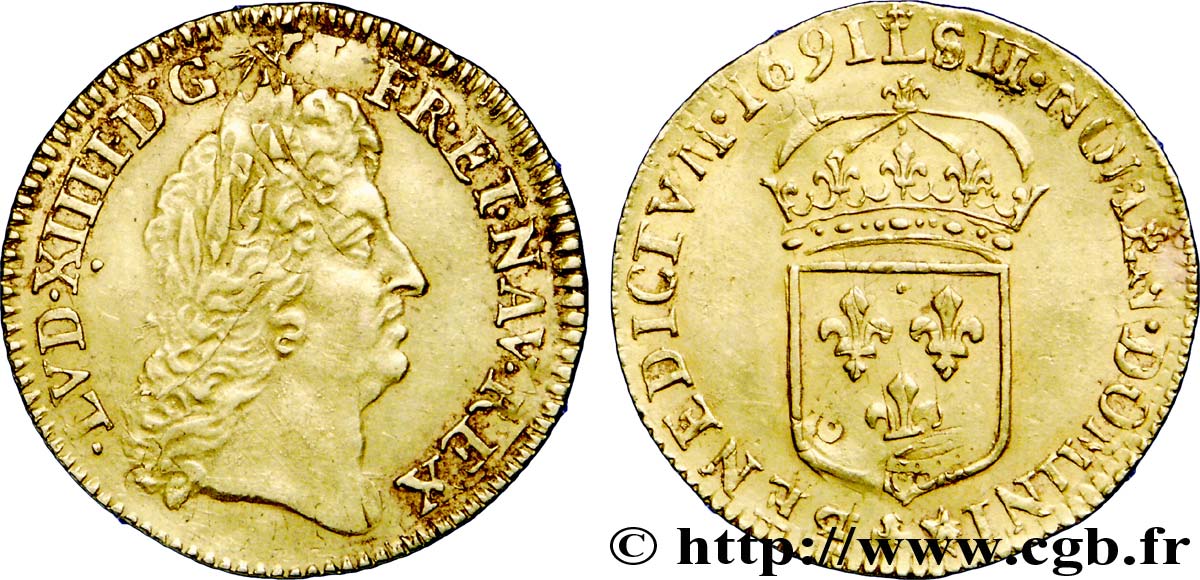 LOUIS XIV LE GRAND OU LE ROI SOLEIL Demi-louis d or à l écu 1691 Lille TTB+