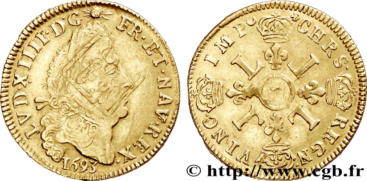 LOUIS XIV &nbsp;THE SUN KING&nbsp; Louis d&nbsp;or aux quatre L 1693 Lille SS