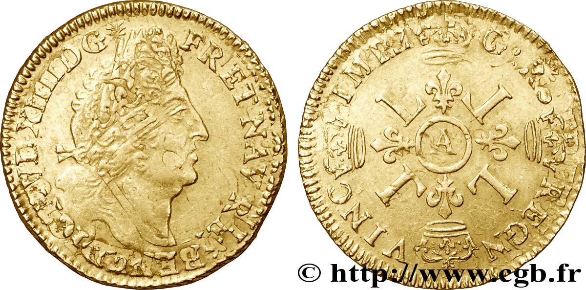 LOUIS XIV  THE SUN KING  Louis d or aux quatre L 1694 Paris XF