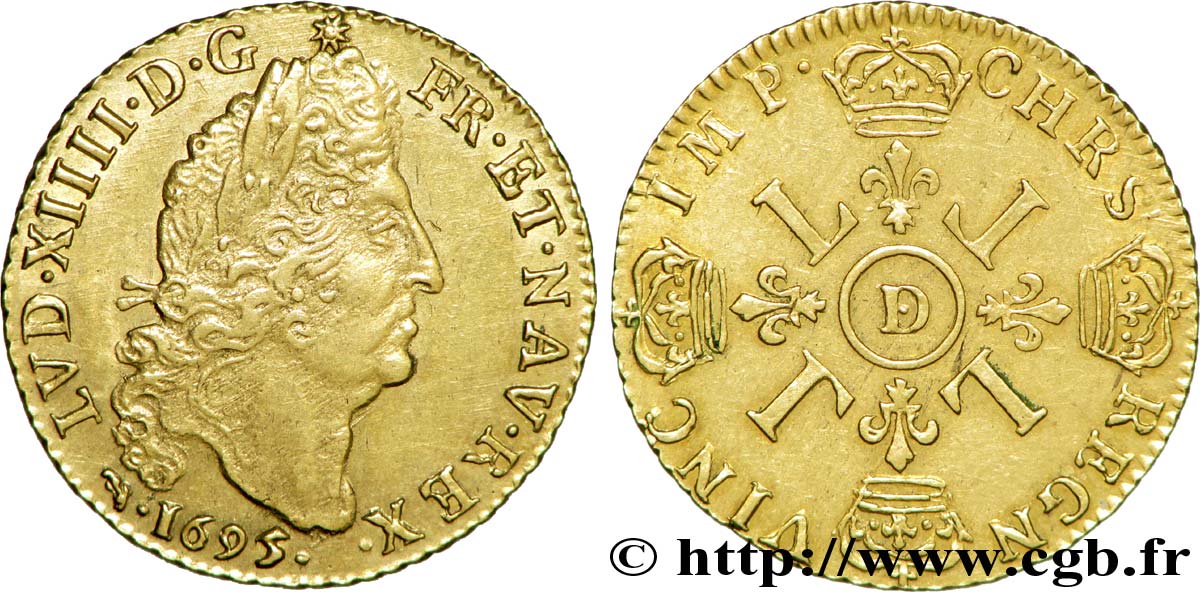 LOUIS XIV  THE SUN KING  Louis d or aux quatre L 1695 Lyon AU
