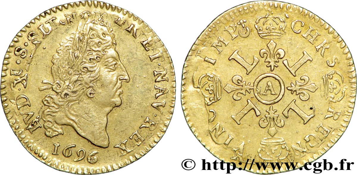 LOUIS XIV  THE SUN KING  Demi-louis d or aux quatre L 1696 Paris q.SPL