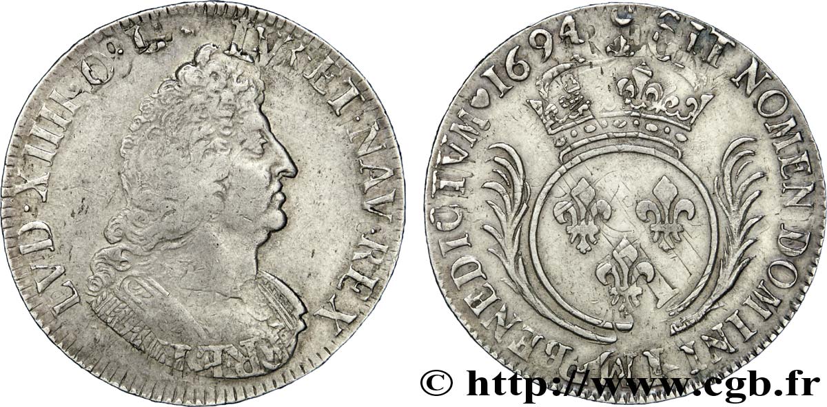 LOUIS XIV LE GRAND OU LE ROI SOLEIL Écu aux palmes 1694 Amiens TTB
