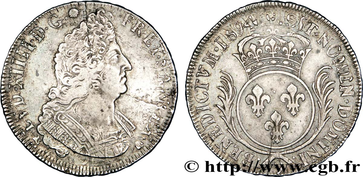 LOUIS XIV LE GRAND OU LE ROI SOLEIL Écu aux palmes 1694 Rennes TB+/TTB
