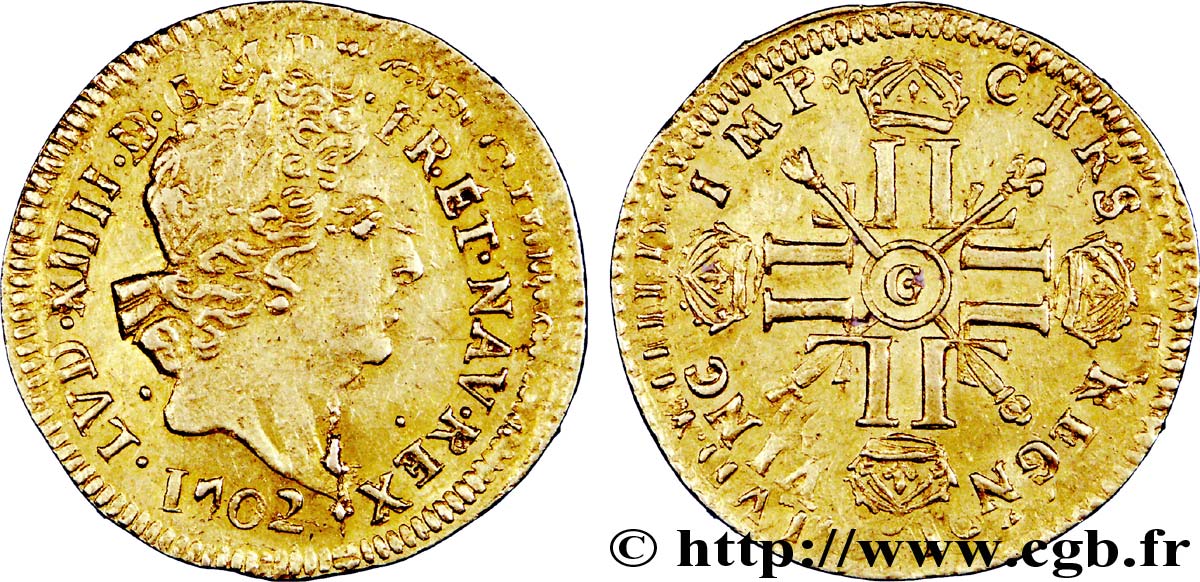 LOUIS XIV LE GRAND OU LE ROI SOLEIL Demi-louis aux huit L et aux insignes 1702 Poitiers TTB+/SUP