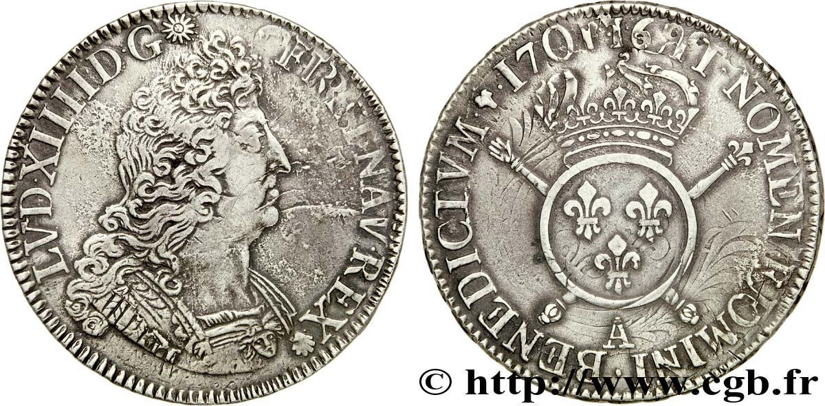 LOUIS XIV LE GRAND OU LE ROI SOLEIL Écu aux insignes 1701 Paris TB+/TTB
